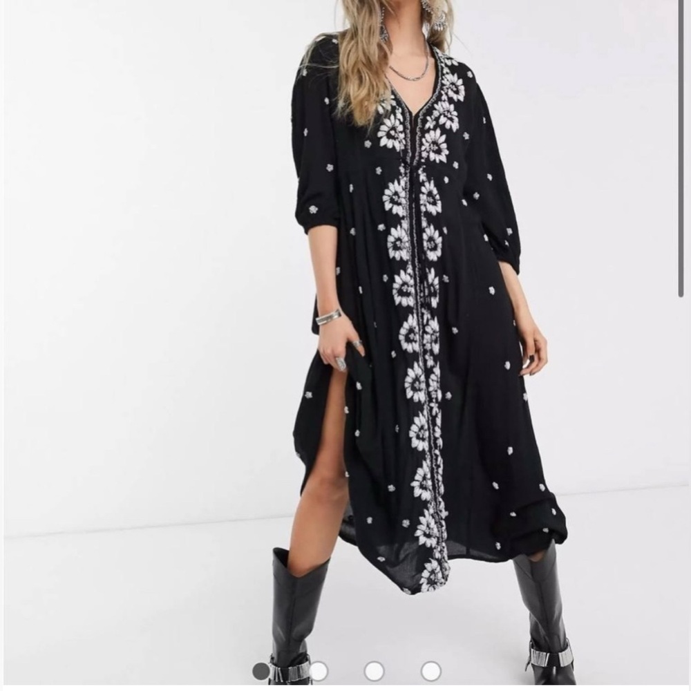 Free People Embroidered Floral Boho Fable Gauzy Midi Maxi Dress